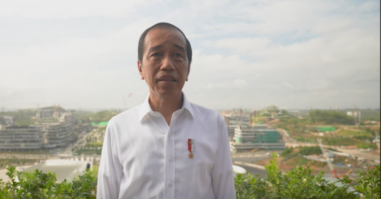 Jokowi meninjau pembangunan IKN dari View deck wing Istana Garuda, Senin 29 Juli 2024.