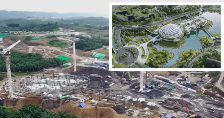 Pembangunan masjid negara IKN (foto latarbelakang), Desain Masjid Negara IKN (foto kanan atas). Kolase: iknpos.id