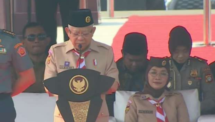 Wapres Ma'ruf Amin jadi pembina Upacara Peringatan Hari Pramuka Nasional ke-63 Tahun 2024, di Lapangan Utama Bumi Perkemahan dan Graha Wisata Pramuka (Buperta), Cibubur, Jakarta Timur, Rabu 14 Agustus 2024.