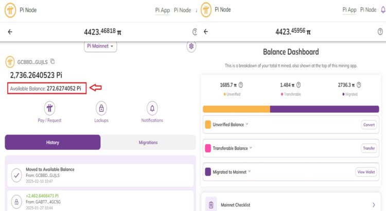 Dompet Pi Network menampilkan saldo yang tersedia