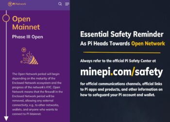 Logo Pi Network dengan latar belakang jaringan blockchain yang aman