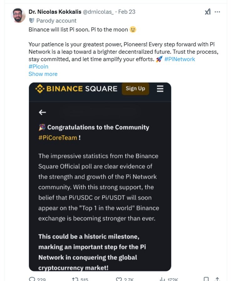 Postingan Dr. Nicolas Kokkalis tentang dukungan Binance terhadap Pi Network