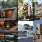 ampak depan rumah brutalisme modern dengan taman luas dan pencahayaan alami