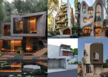 ampak depan rumah brutalisme modern dengan taman luas dan pencahayaan alami