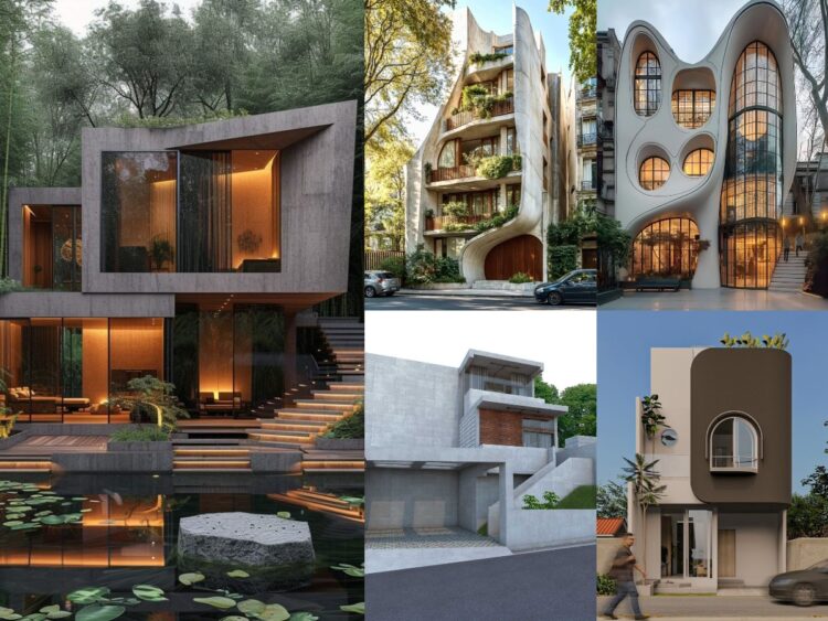 ampak depan rumah brutalisme modern dengan taman luas dan pencahayaan alami