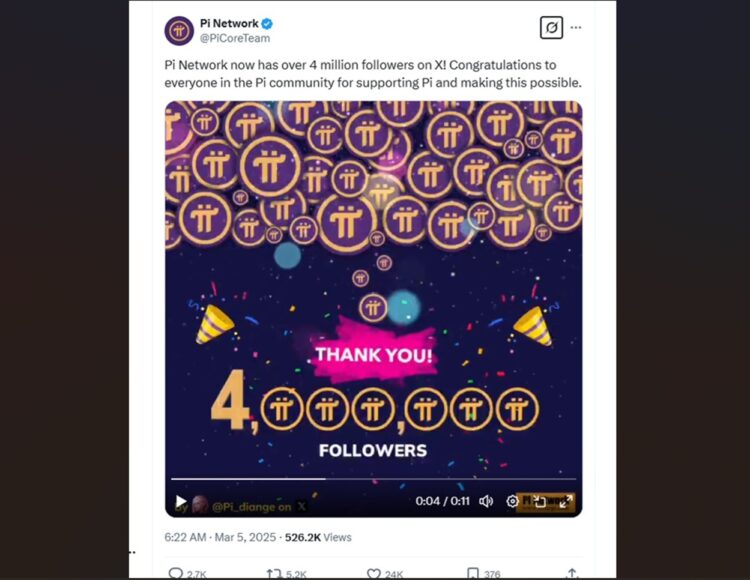 Ilustrasi pertumbuhan follower Pi Network di X yang mencapai 4 juta.