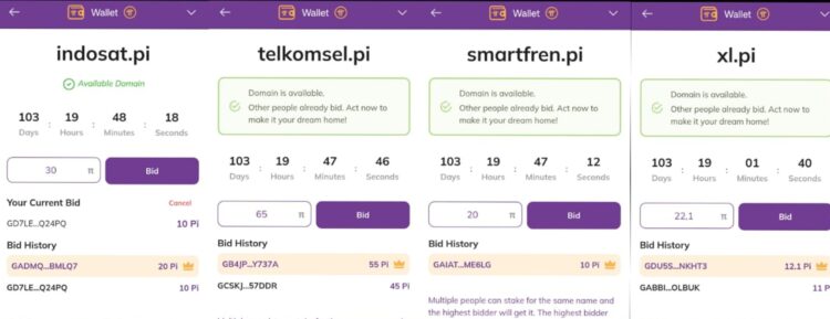 Ilustrasi lelang domain.Pi Network dengan logo provider lokal Indosat, Telkomsel, XL dan Smartfren