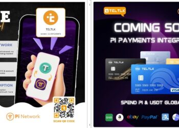 Ilustrasi kartu Visa Pi Coin dan USDT untuk transaksi global