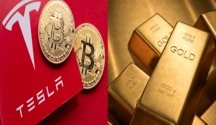 Ilustrasi investor memilih antara Tesla, Bitcoin, dan Emas