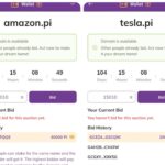 Ilustrasi lelang domain .Pi di Pi Network dengan logo Amazon, Samsung, Tesla, dan Alibaba