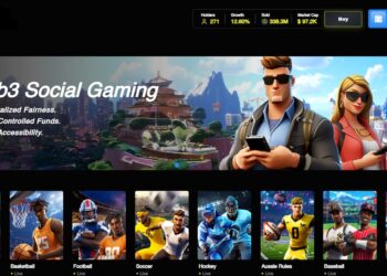 Ilustrasi karakter game Web3 sedang memegang koin kripto dan NFT di lingkungan metaverse