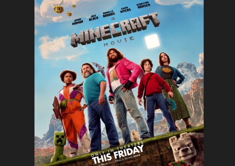 Poster film Minecraft live-action menampilkan Jason Momoa dan Jack Black di dunia kubik