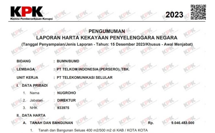 LHKPN ungkap harta Dirut Telkomsel Nugroho mencapai Rp84 miliar dengan kas Rp43 miliar.