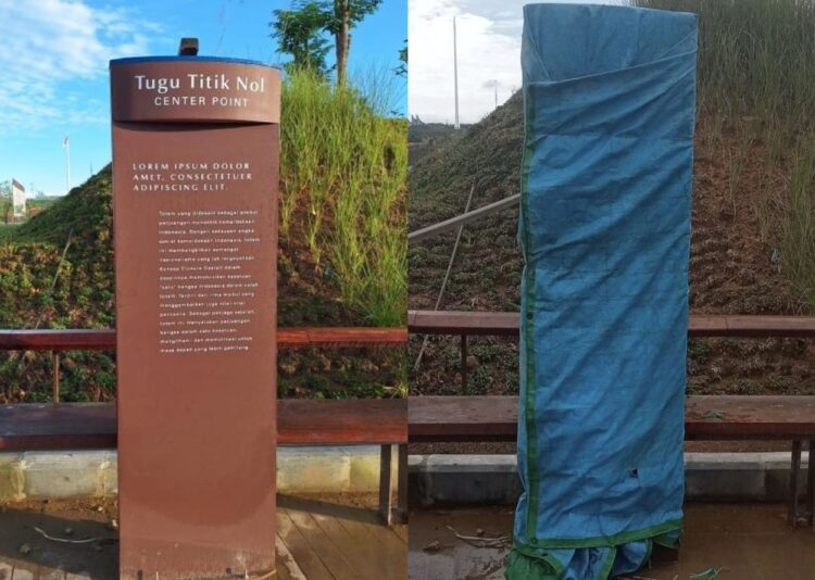 Foto Tugu Titik Nol IKN dengan tulisan teks dummy Lorem Ipsum yang viral di media sosial.