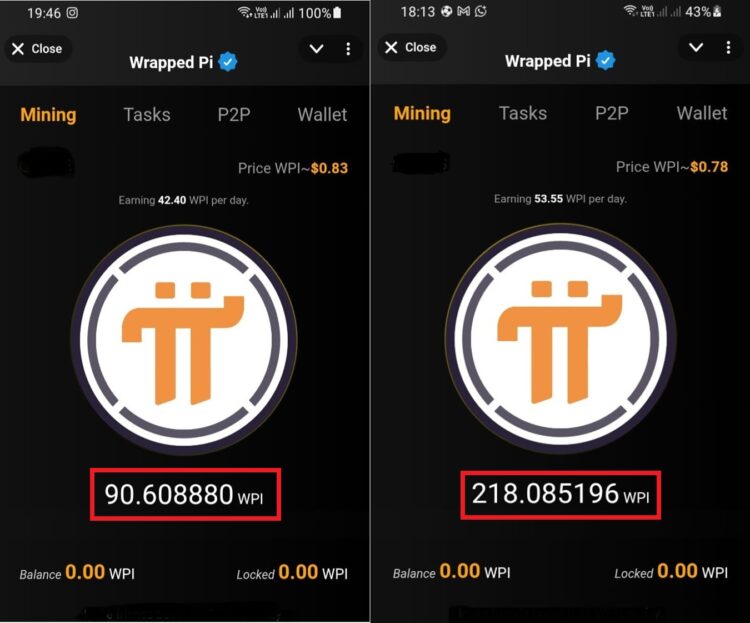 Tampilan Mining Wrapped Pi ($WPI) di HP