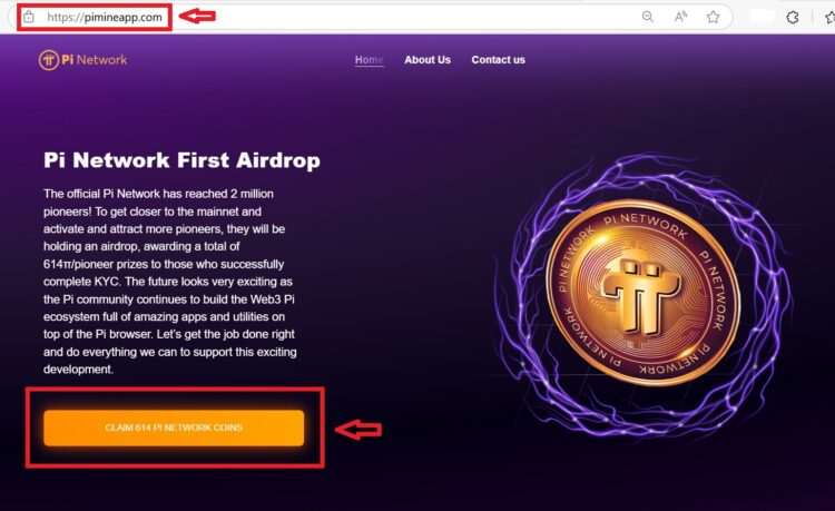 Tampilan situs Claim 614 Pi Network Gratis yang mirip dengan website asli Pi Network