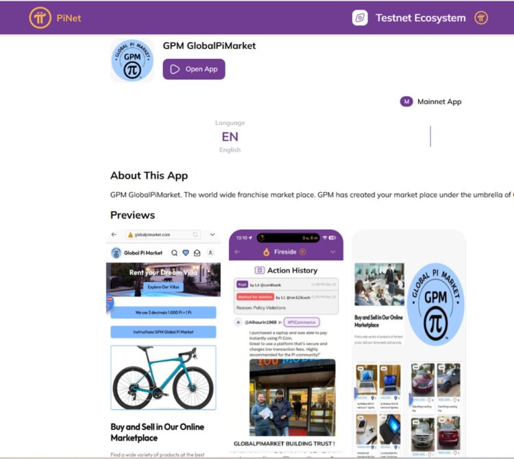 Tampilan GPM GlobalPiMarket di Pinet App