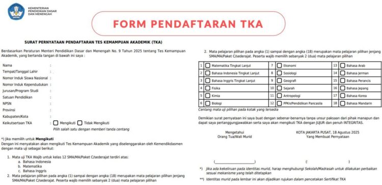 Link Unduh Form Pendaftaran TKA 2025 SMA/SMK PDF, Jadwal Lengkap, dan Cara Daftar