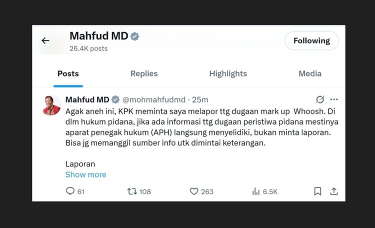 DUGAAN MARK UP WHOOSH, Mahfud MD Sentil KPK--@mohmahfudmd-X